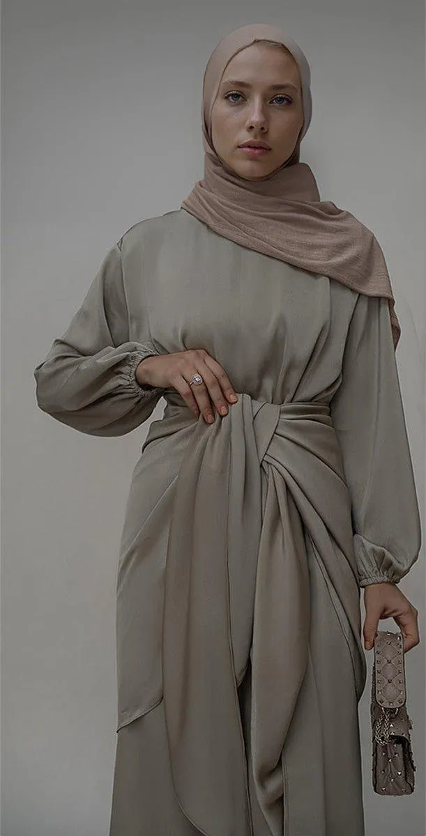 Fleeur maxi abaya dress with detached apron elasticated sleeve like tie waist piece in satin gray