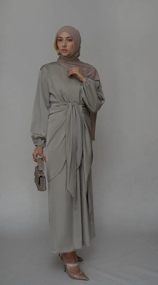 Fleeur maxi abaya dress with detached apron elasticated sleeve like tie waist piece in satin gray