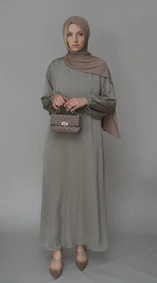 Fleeur maxi abaya dress with detached apron elasticated sleeve like tie waist piece in satin gray