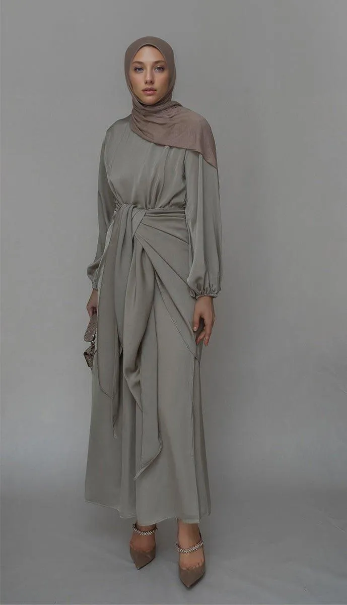 Fleeur maxi abaya dress with detached apron elasticated sleeve like tie waist piece in satin gray