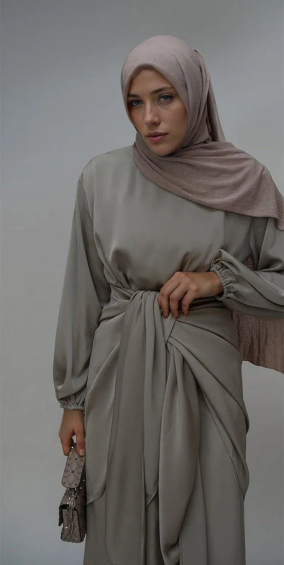 Fleeur maxi abaya dress with detached apron elasticated sleeve like tie waist piece in satin gray