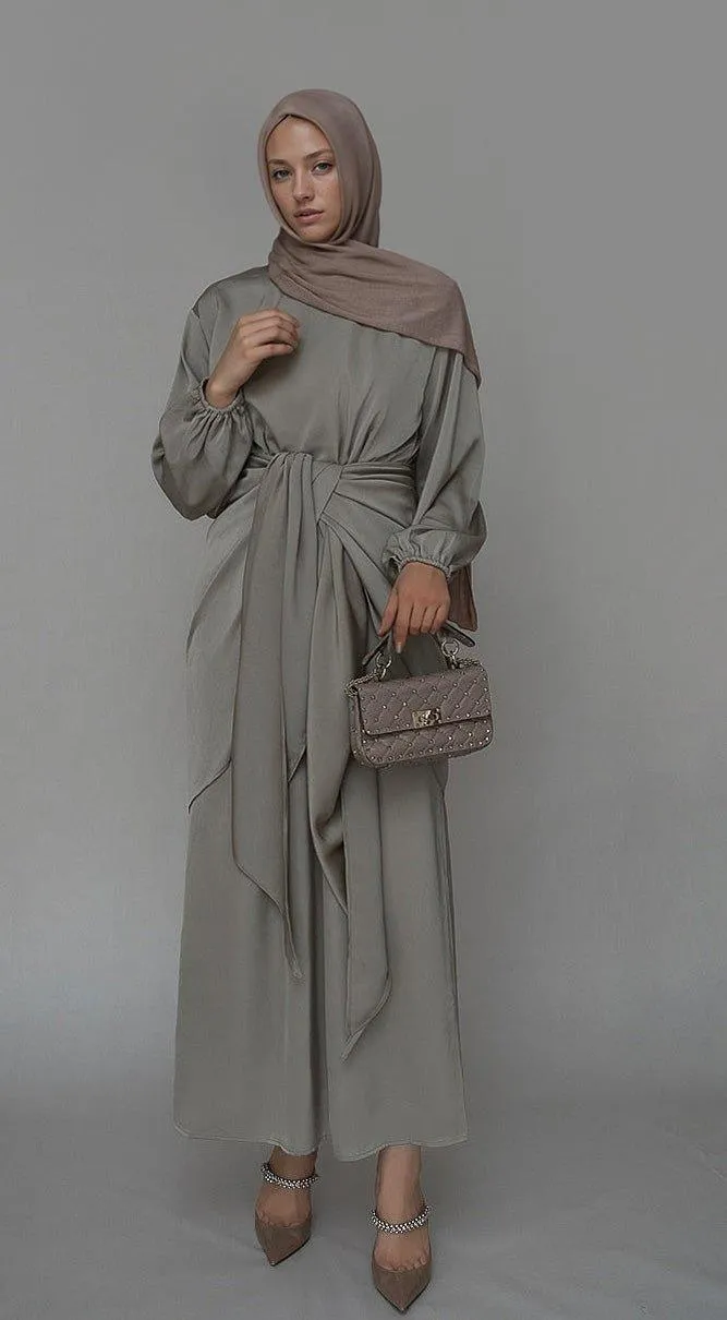 Fleeur maxi abaya dress with detached apron elasticated sleeve like tie waist piece in satin gray