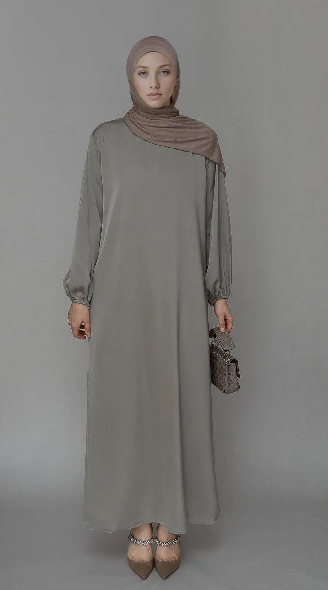 Fleeur maxi abaya dress with detached apron elasticated sleeve like tie waist piece in satin gray