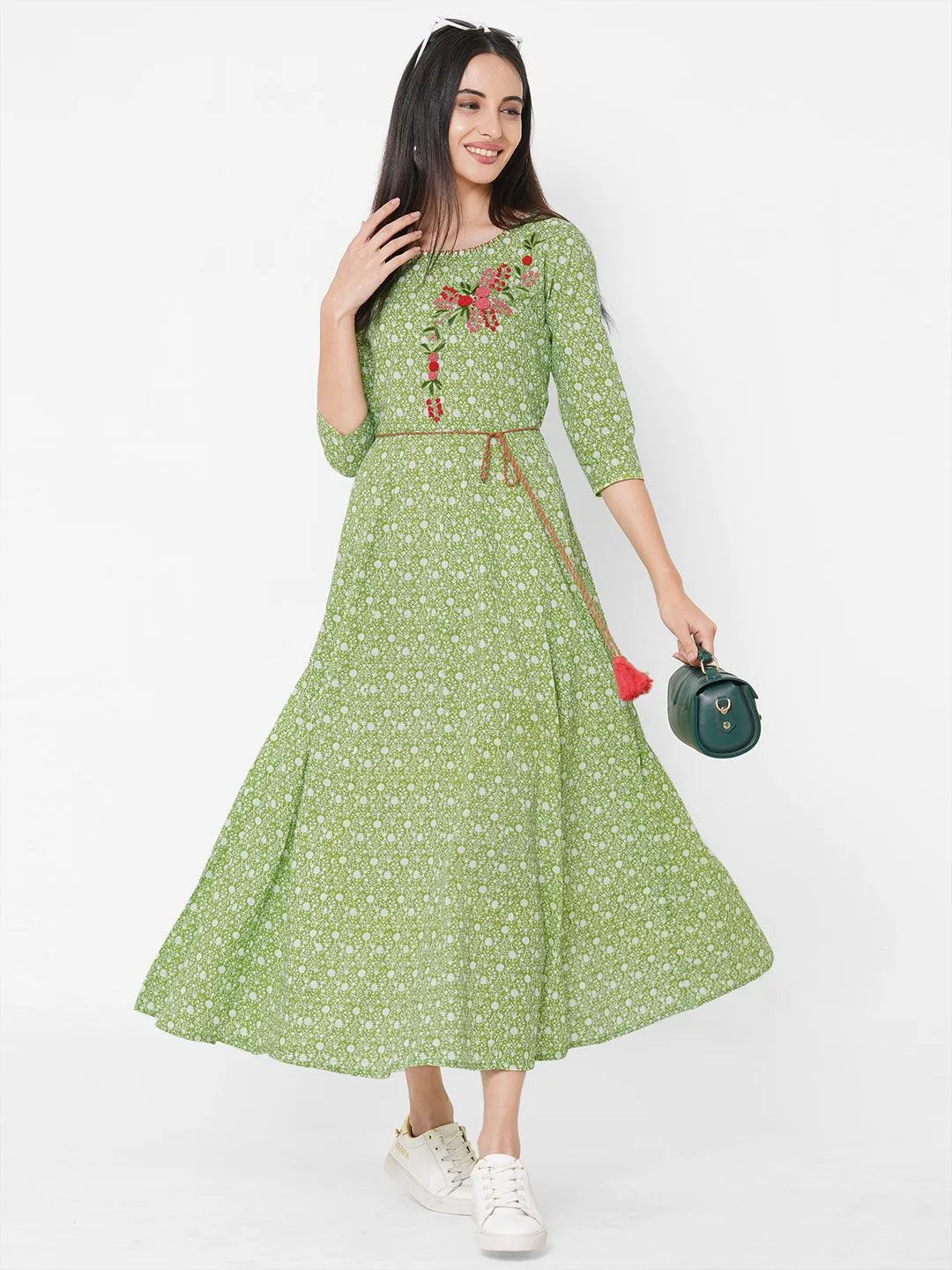 Floral Dense Printed & Embroidered Maxi - Green