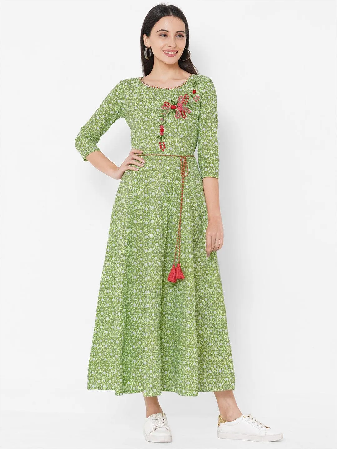 Floral Dense Printed & Embroidered Maxi - Green