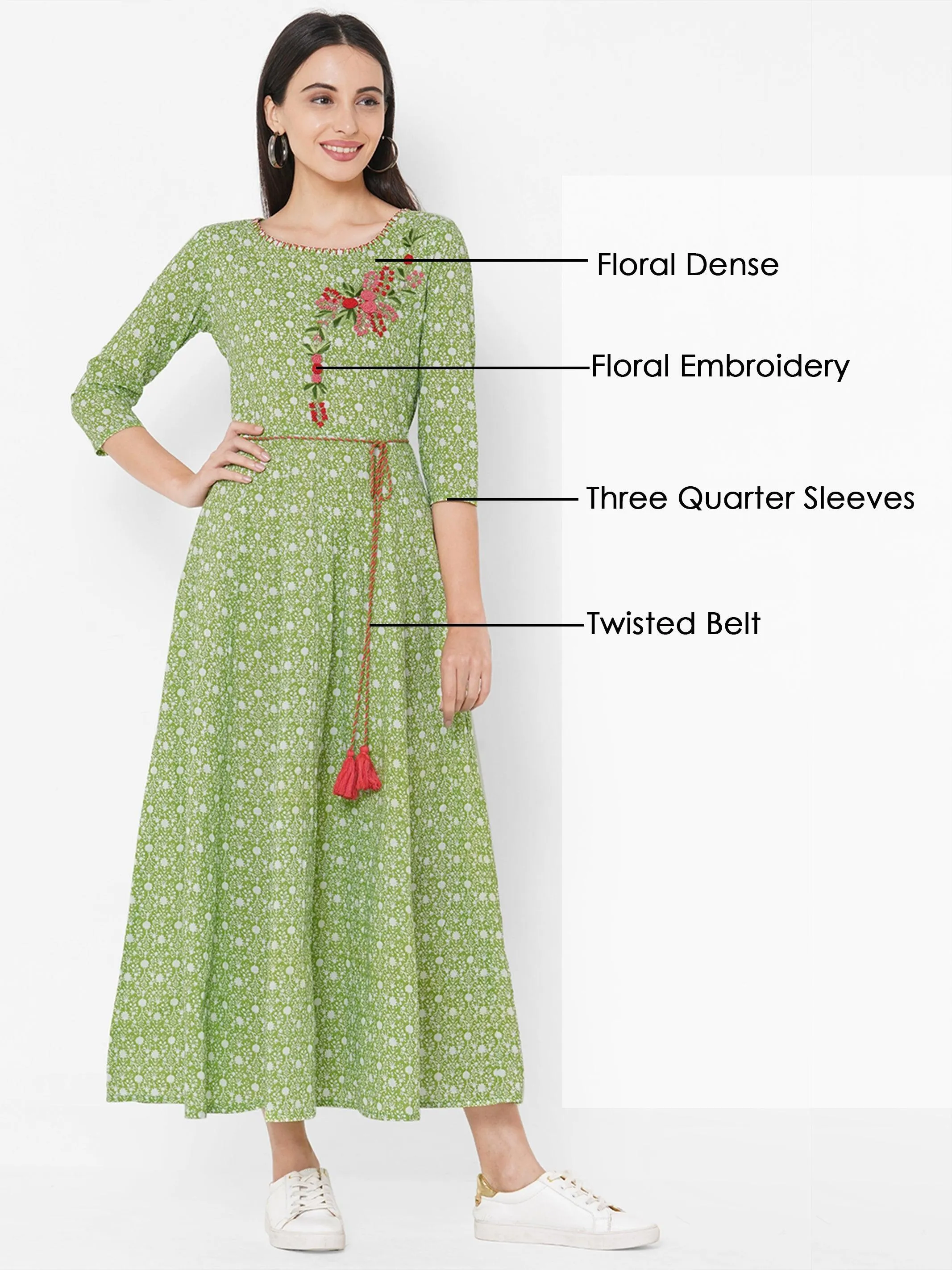 Floral Dense Printed & Embroidered Maxi - Green