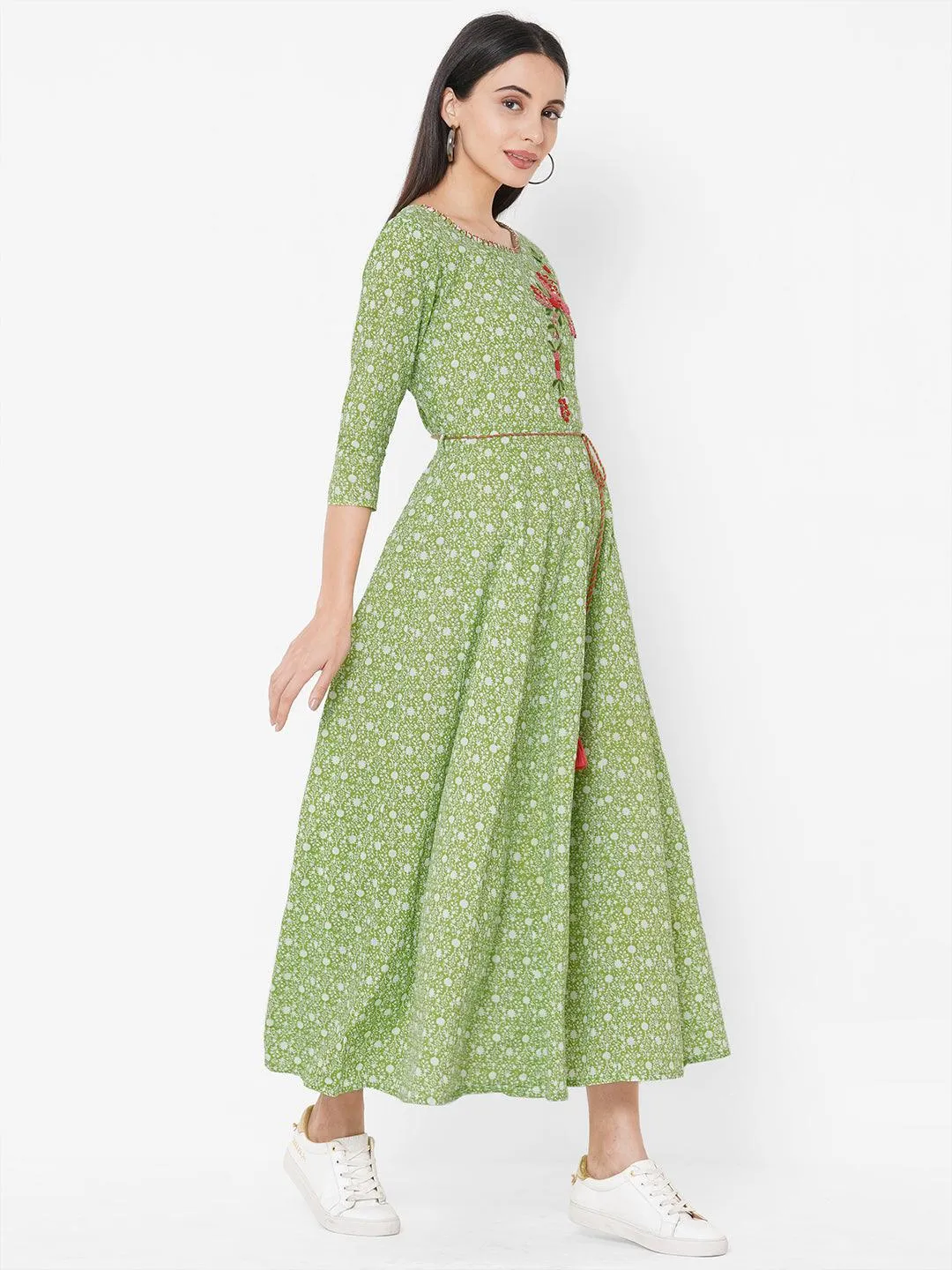 Floral Dense Printed & Embroidered Maxi - Green