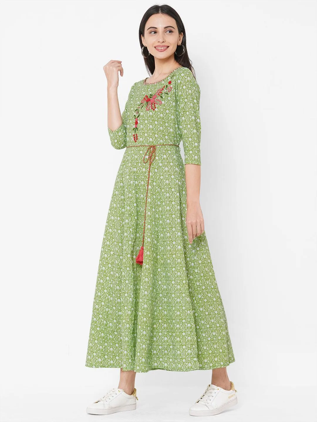 Floral Dense Printed & Embroidered Maxi - Green