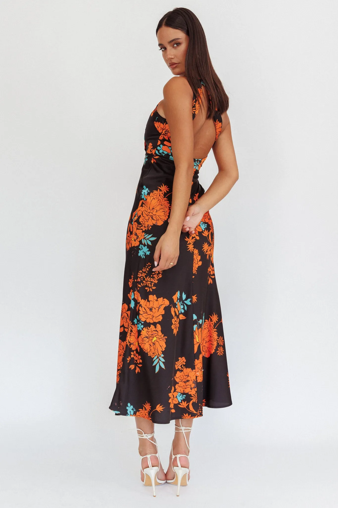 Fly Love Satin One Shoulder Maxi Dress Floral Black