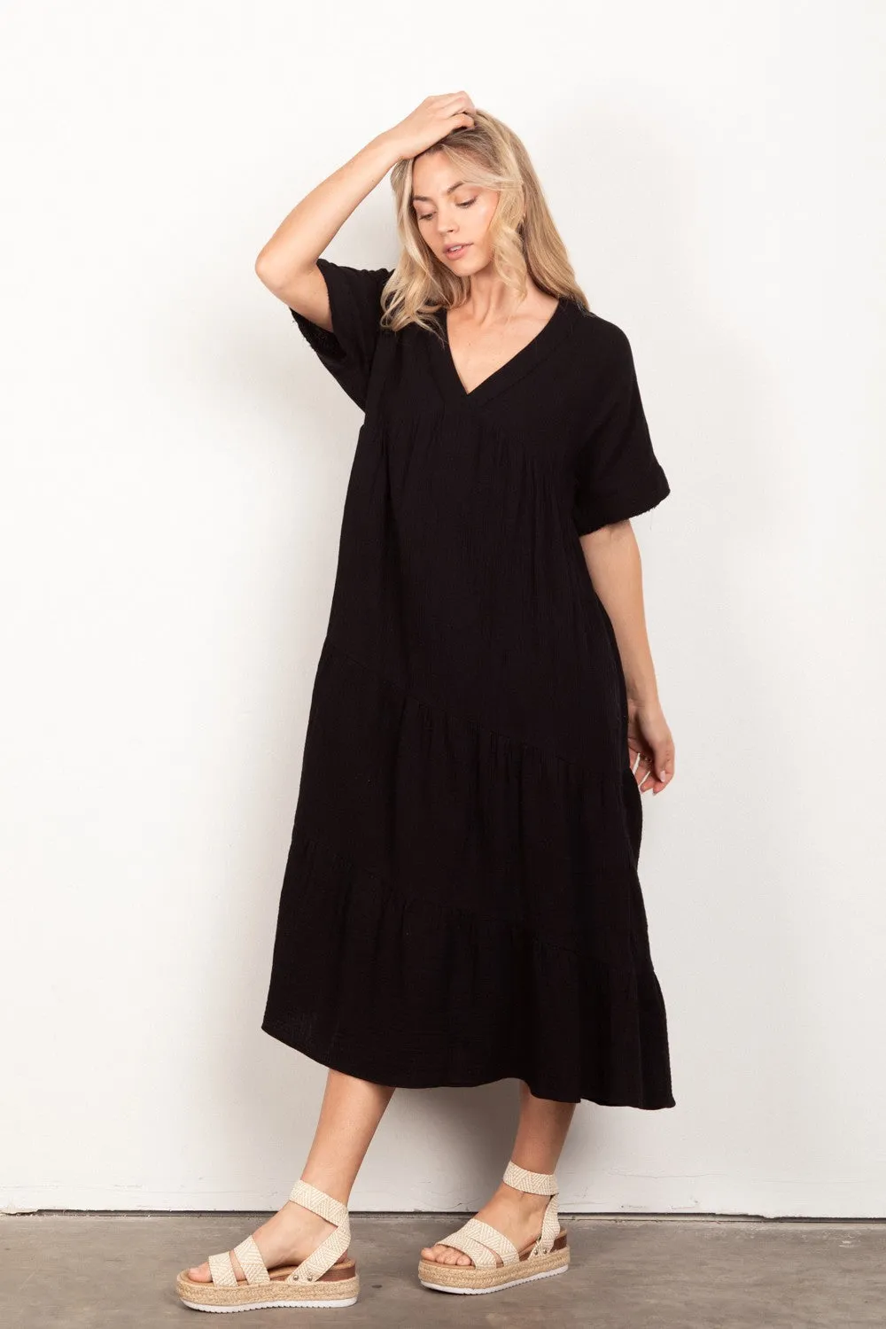 Frayed Detail Soft Crinkle Gauze Midi Dress