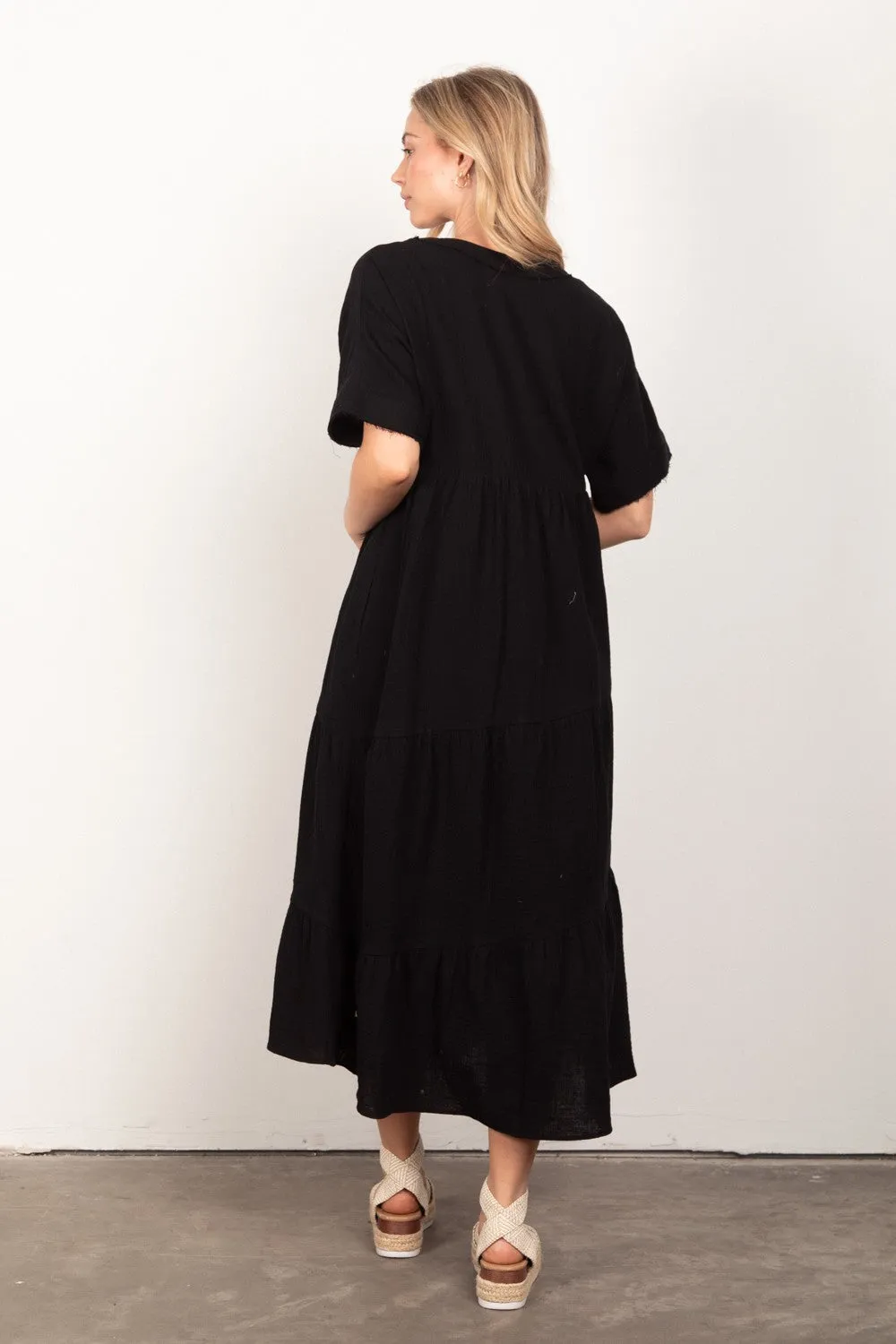 Frayed Detail Soft Crinkle Gauze Midi Dress