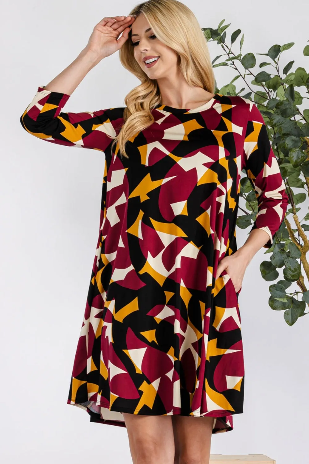 Full Size Geometric Round Neck Dress with Pockets