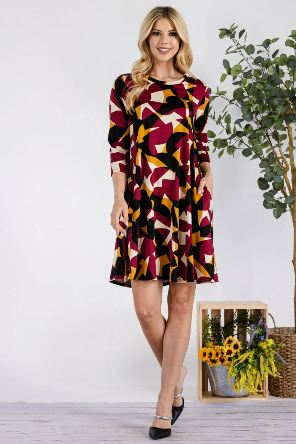 Full Size Geometric Round Neck Dress with Pockets