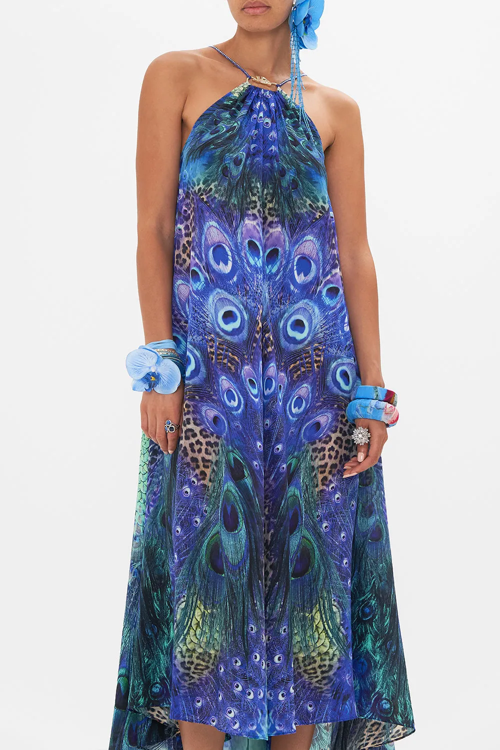 GATHER NECK HARDWARE MAXI DRESS PEACOCK ROCK