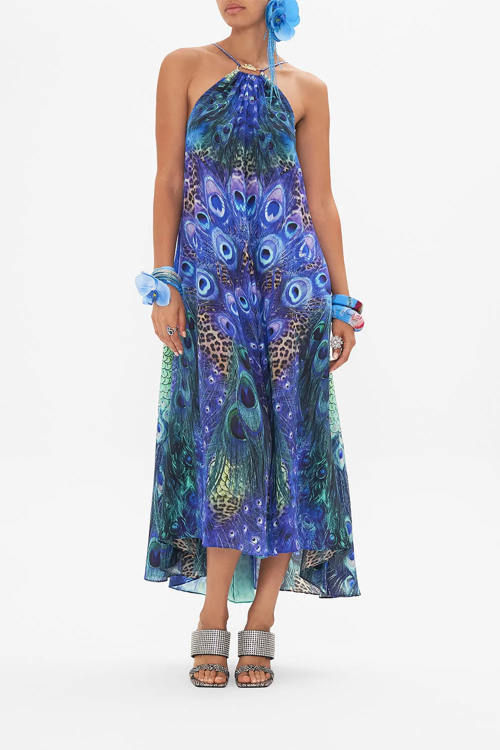 GATHER NECK HARDWARE MAXI DRESS PEACOCK ROCK