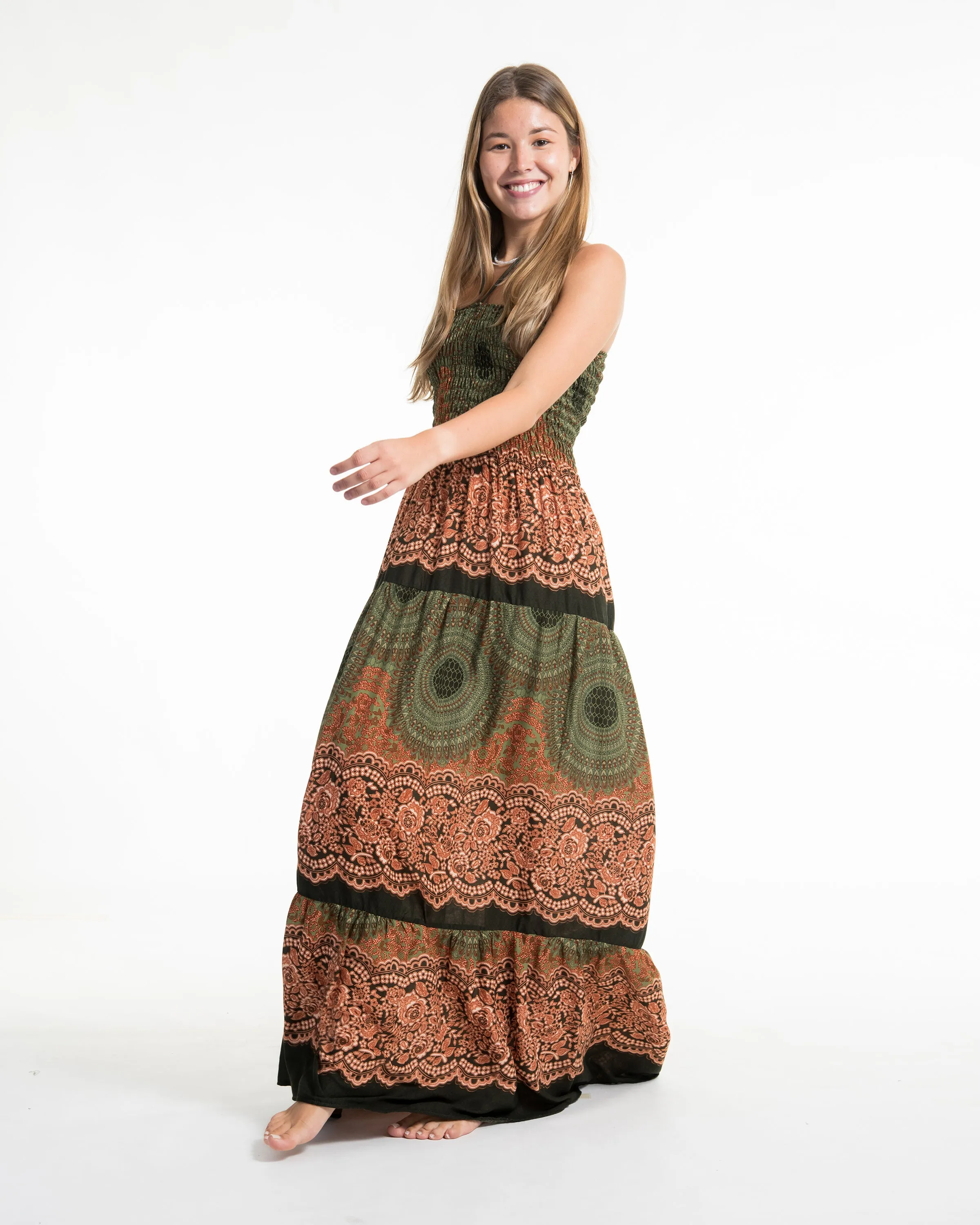 Geometric Mandalas Smocked Maxi Dress in Olive