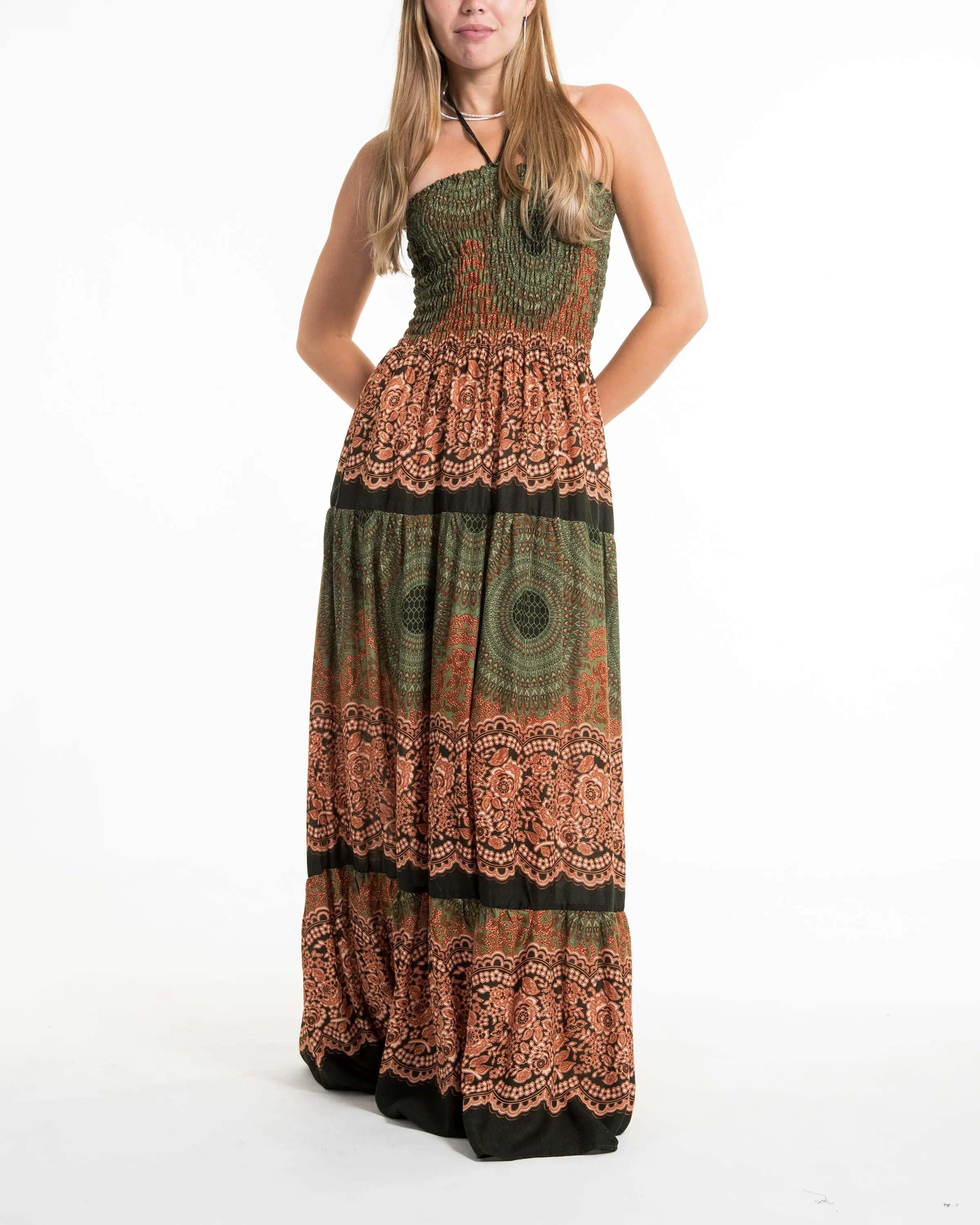 Geometric Mandalas Smocked Maxi Dress in Olive