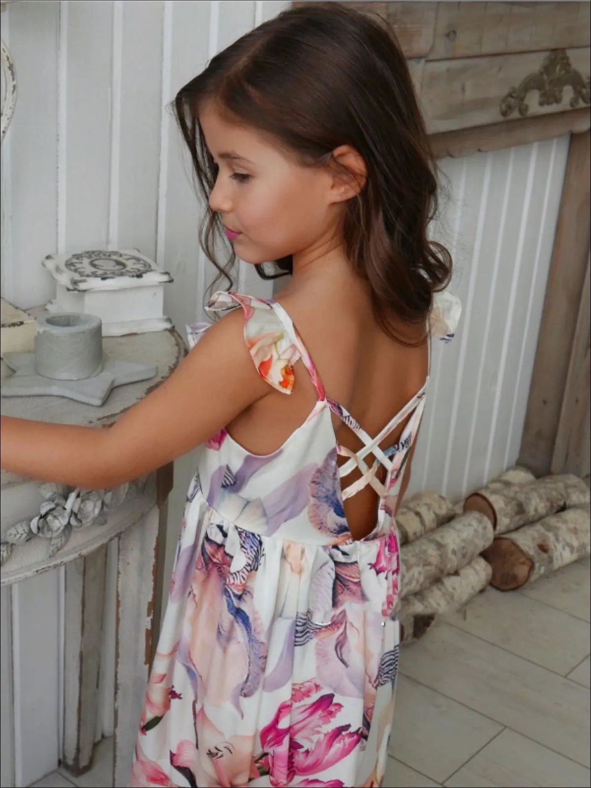 Girls Floral Ruffled Sleeve Maxi Dress