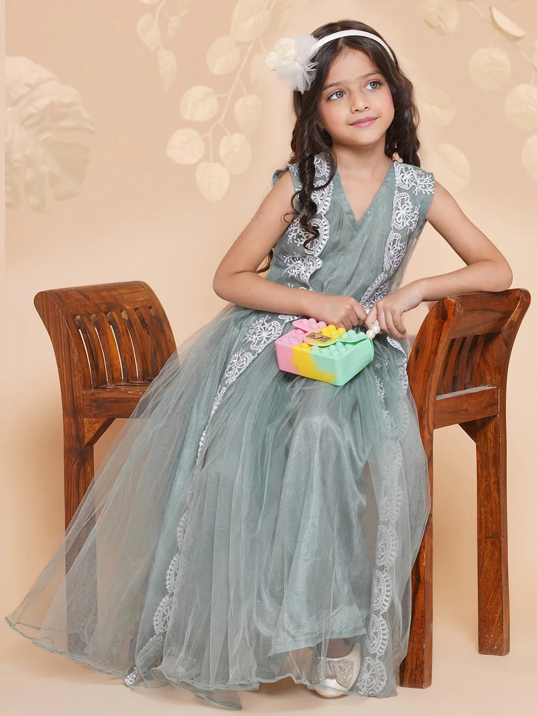 Girl's Green Net Embroidered Fit & Flare Gown. - Bitiya By Bhama