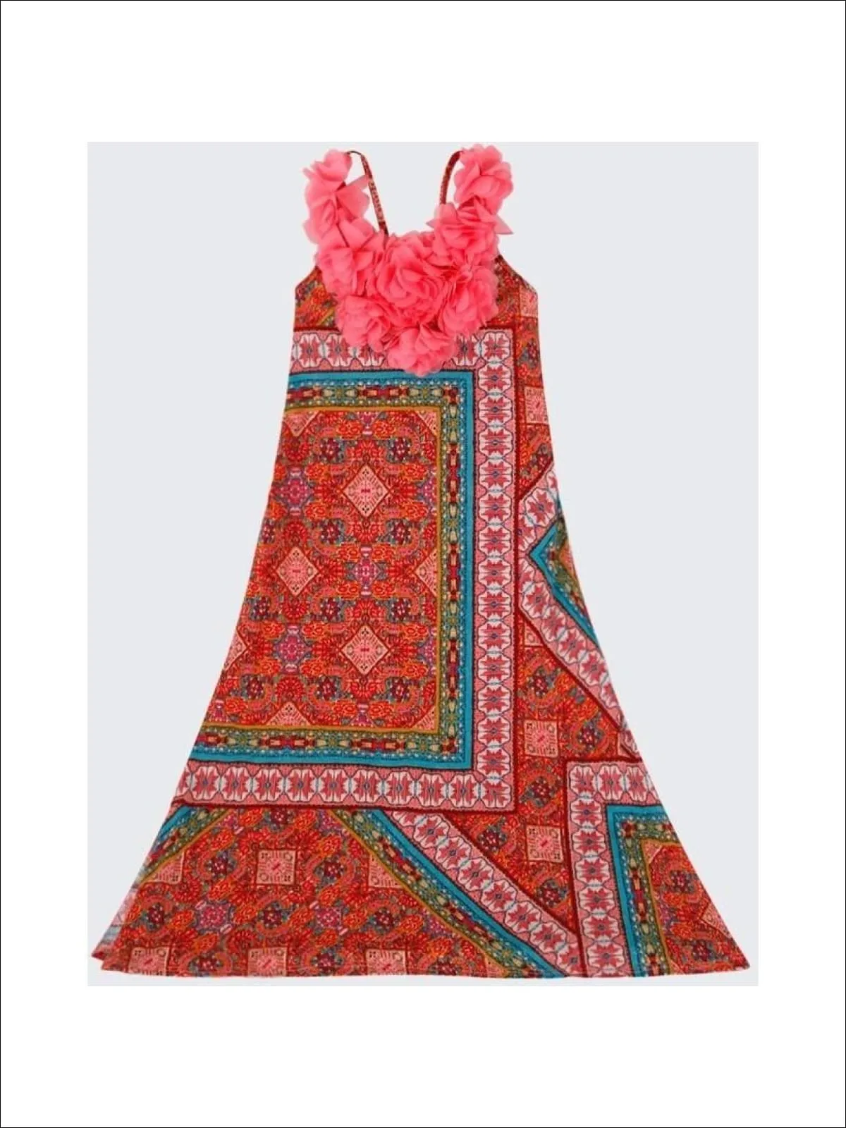 Girls Turquoise And Red Geometric Print Maxi Dress