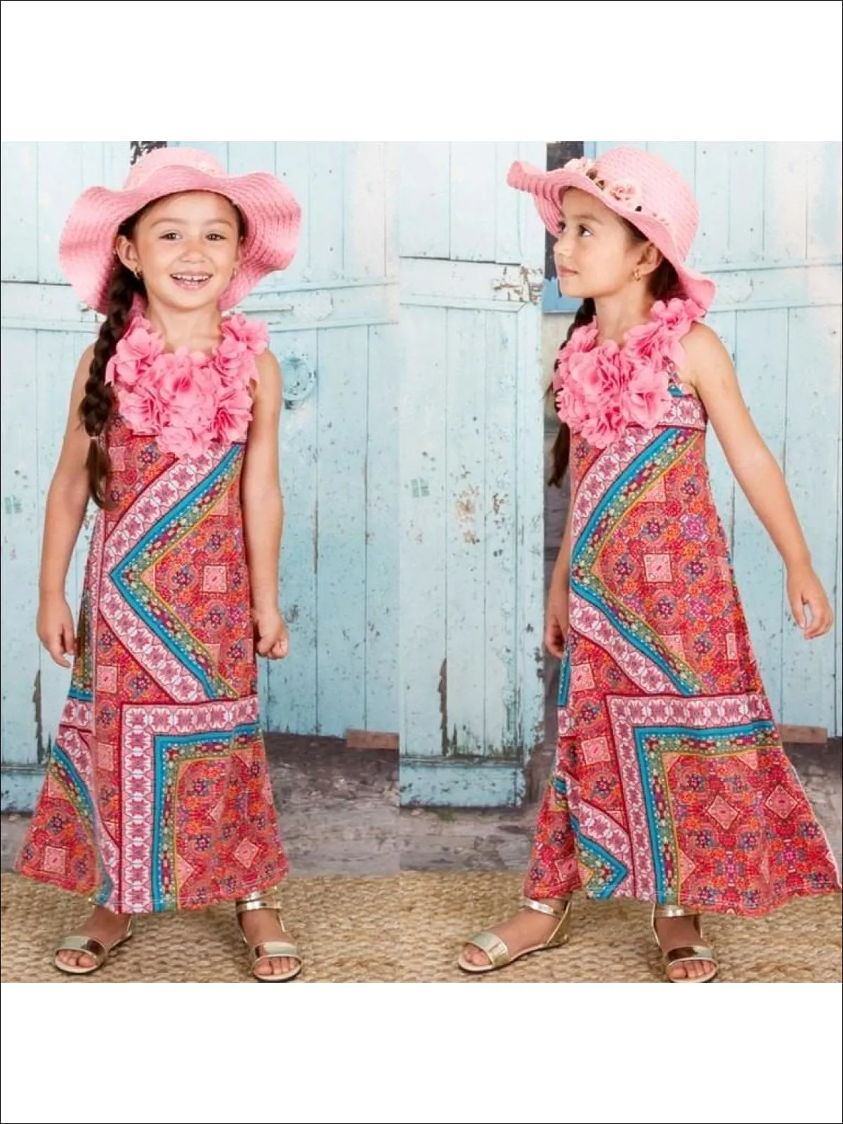 Girls Turquoise And Red Geometric Print Maxi Dress