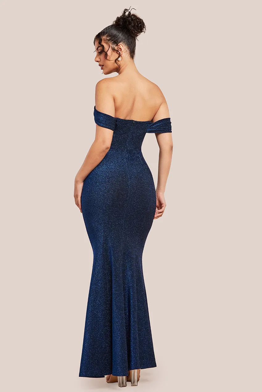 Goddiva Lurex Cowl Neck Off The Shoulder Maxi Dress