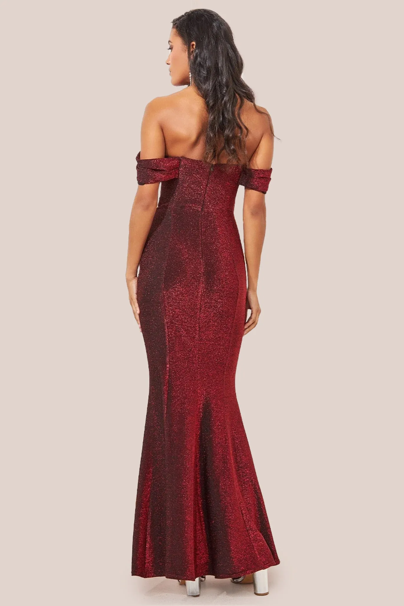 Goddiva Lurex Cowl Neck Off The Shoulder Maxi Dress