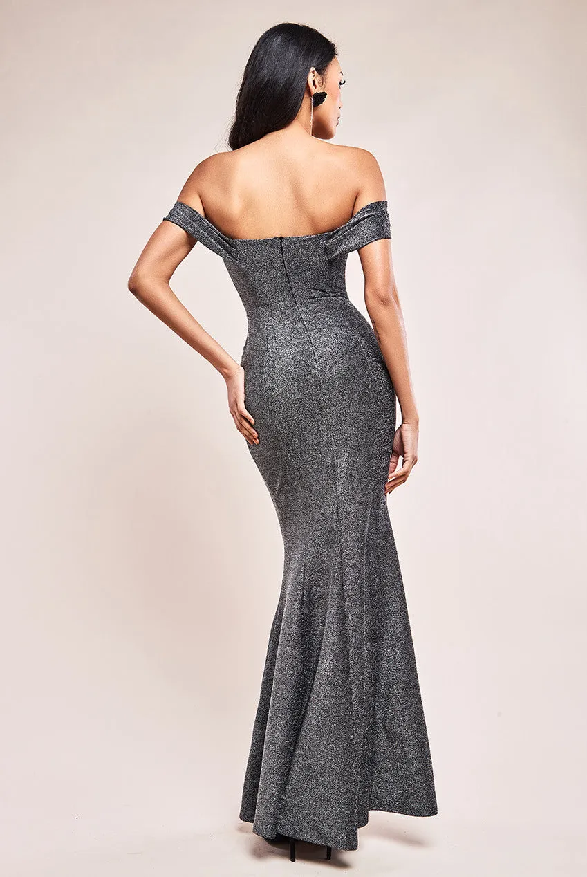 Goddiva Lurex Cowl Neck Off The Shoulder Maxi Dress