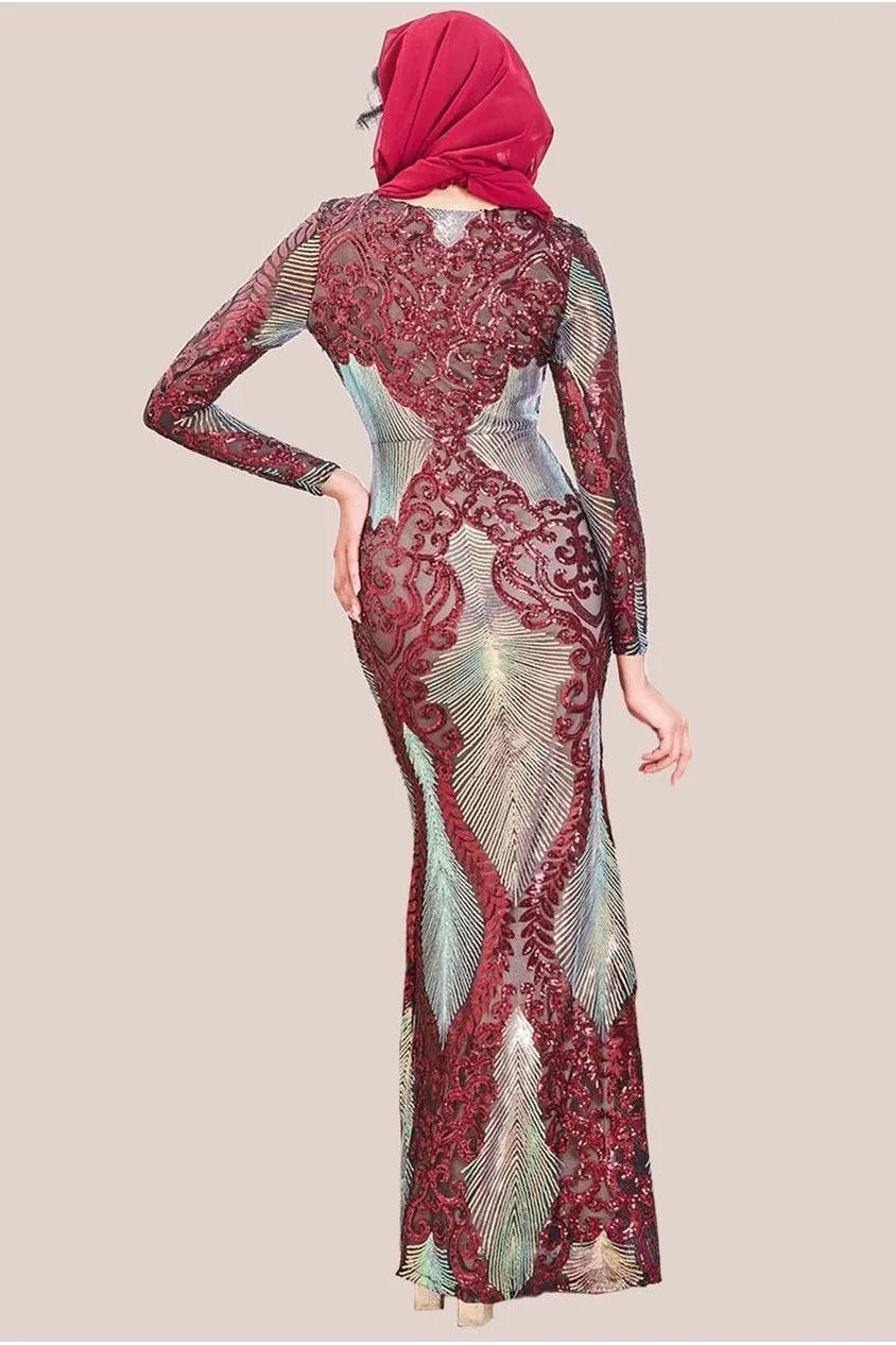 Goddiva Modesty Contrast Sequin Maxi Dress - Wine