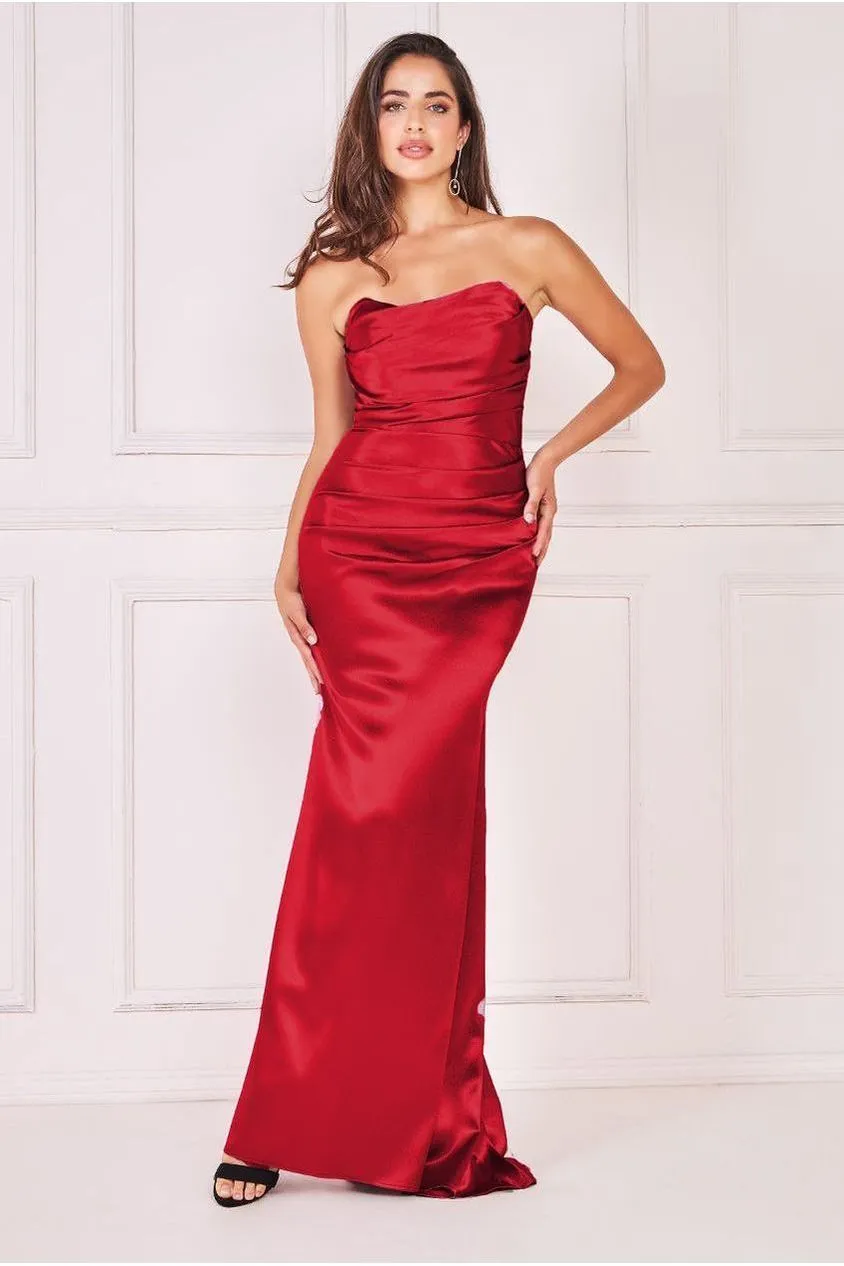 Goddiva Satin Bandeau Maxi Dress - Red