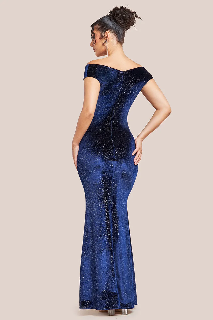 Goddiva Shimmer Velvet Bardot Maxi Dress