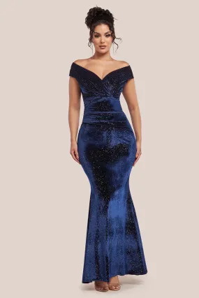 Goddiva Shimmer Velvet Bardot Maxi Dress