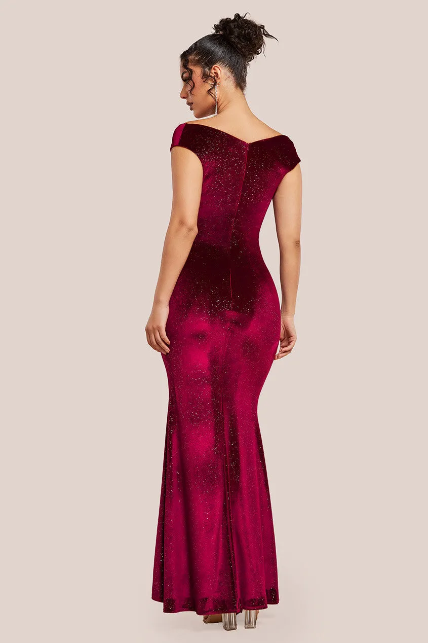 Goddiva Shimmer Velvet Bardot Maxi Dress