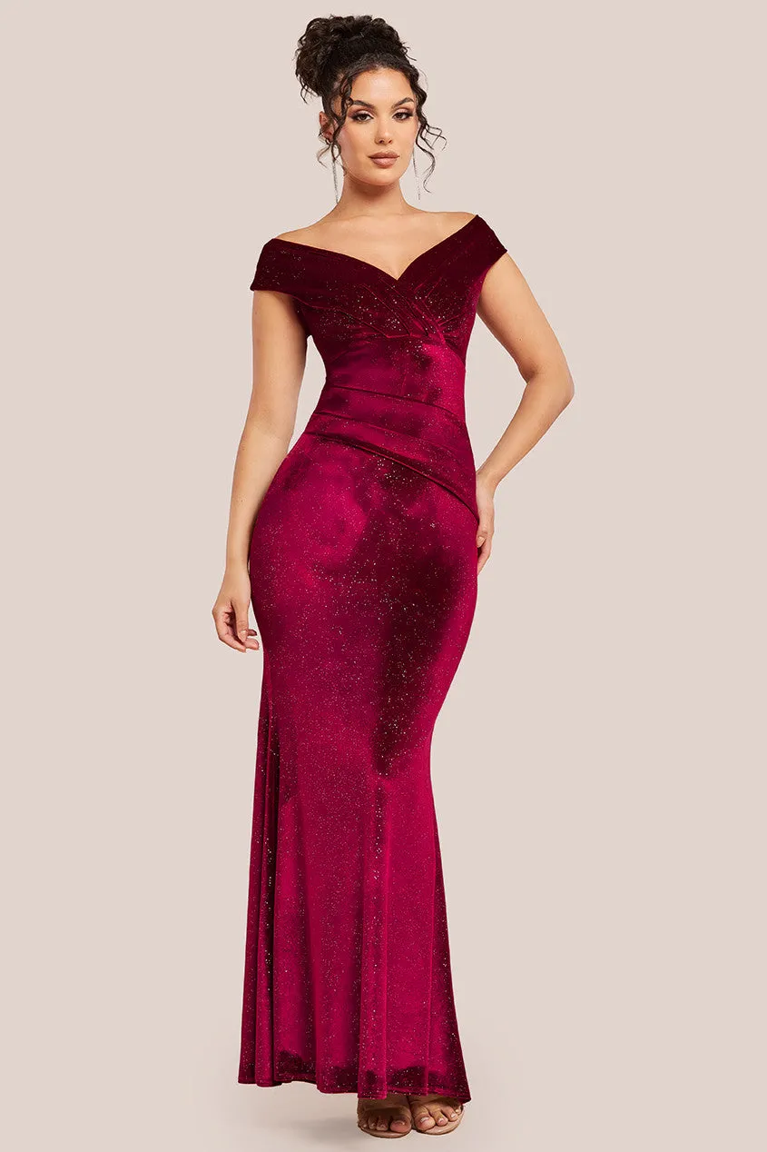 Goddiva Shimmer Velvet Bardot Maxi Dress