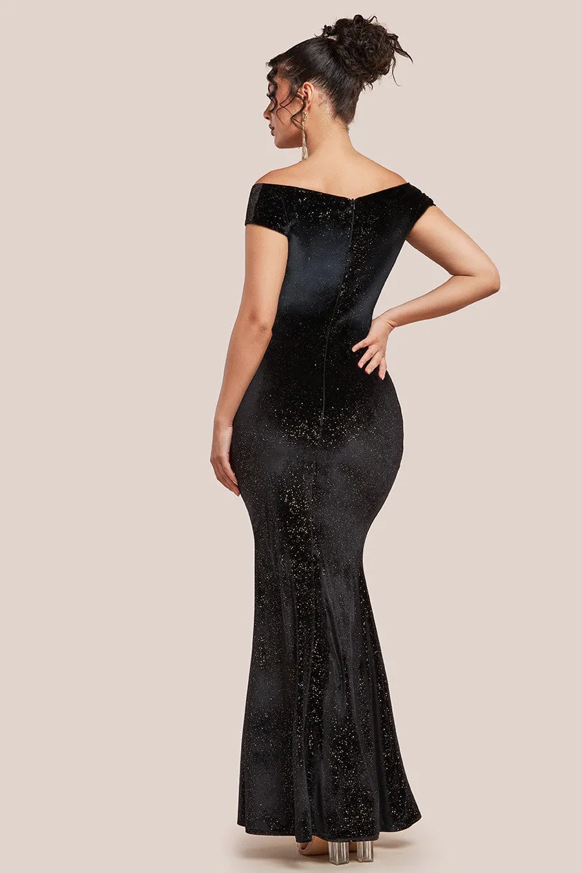 Goddiva Shimmer Velvet Bardot Maxi Dress