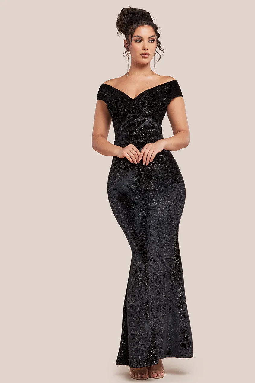 Goddiva Shimmer Velvet Bardot Maxi Dress