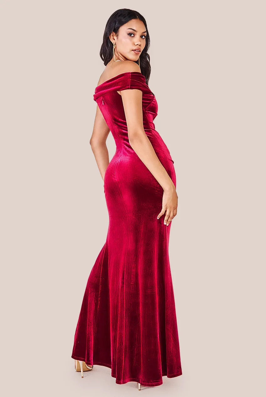 Goddiva Velvet Bardot Maxi Dress With Split - Burgundy