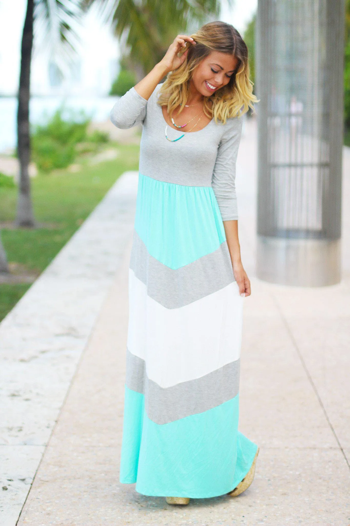 Gray and Mint Chevron Maxi Dress