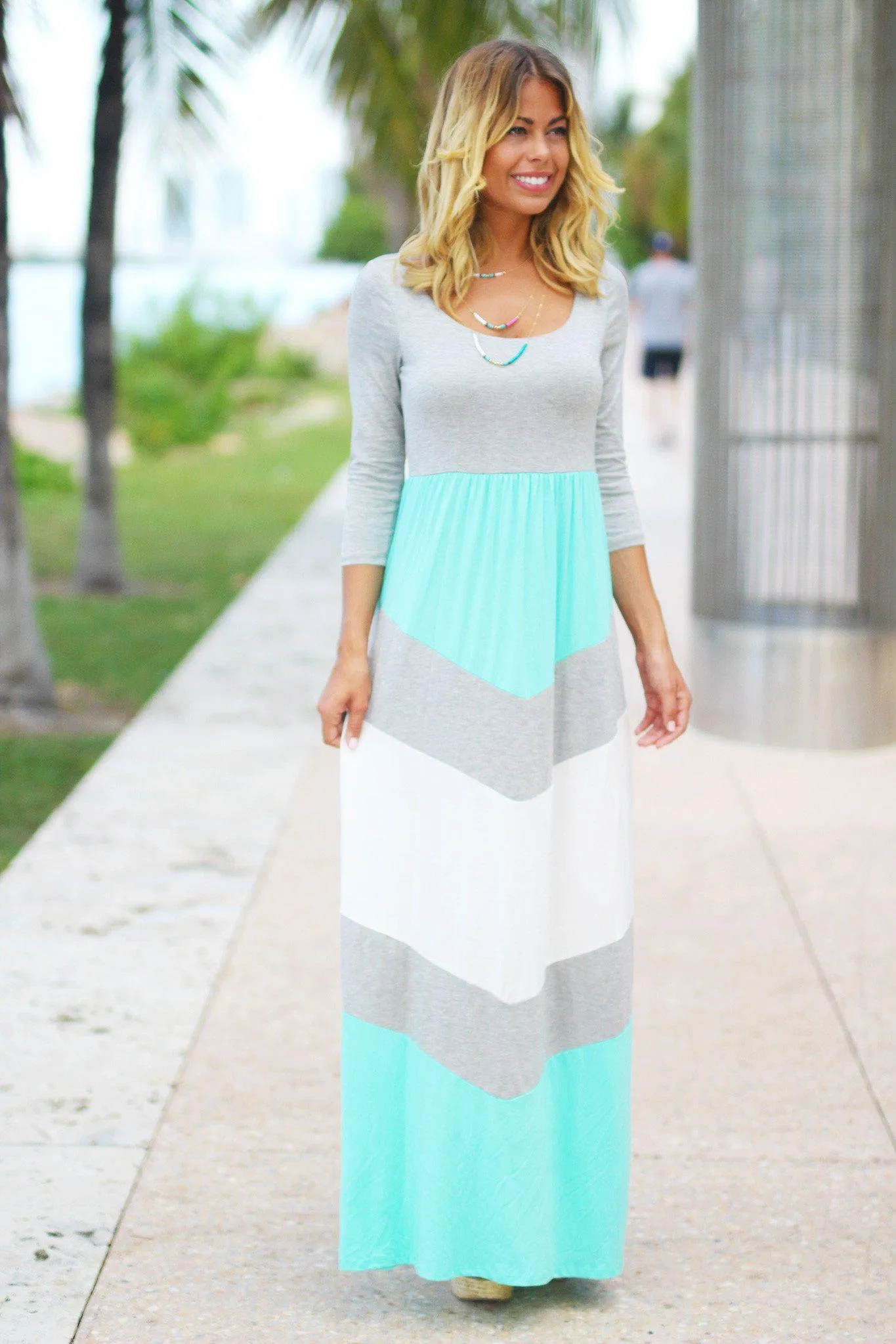 Gray and Mint Chevron Maxi Dress