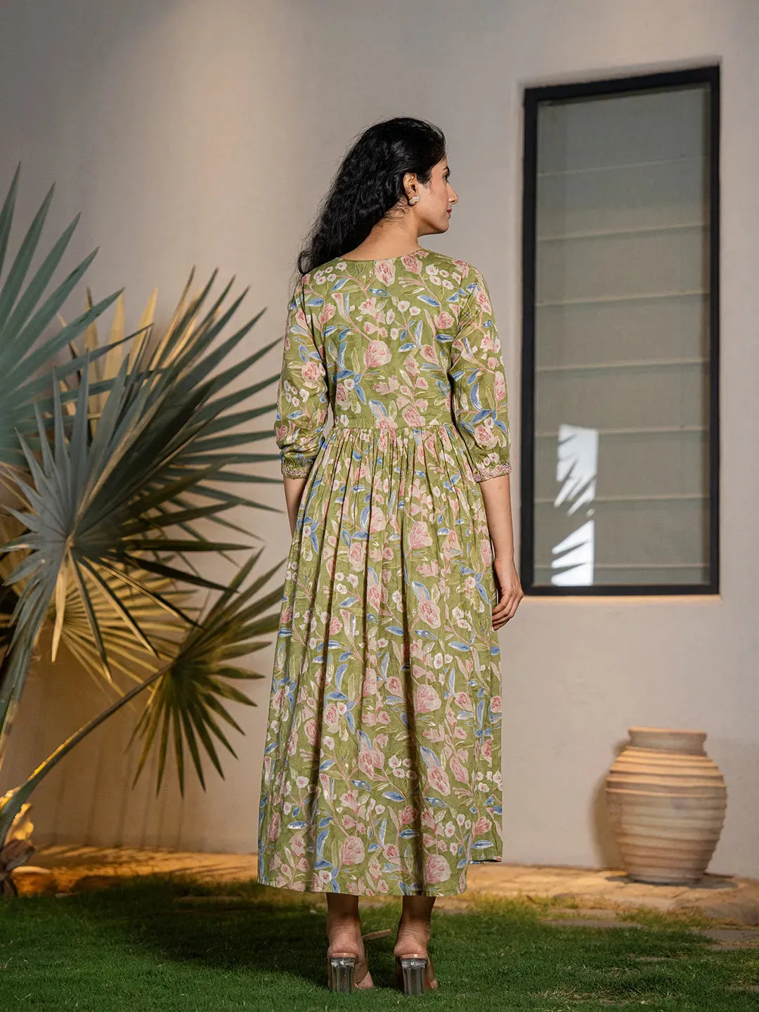 Green Cotton Floral Print & Dori Embroidery Detailing Maxi Style Dress