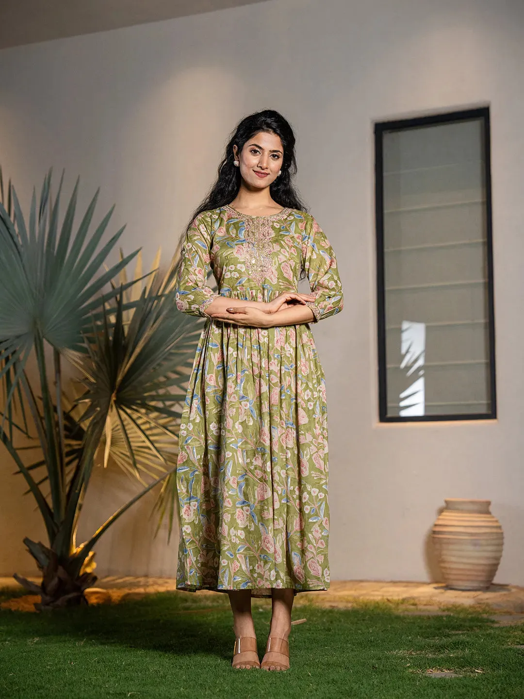 Green Cotton Floral Print & Dori Embroidery Detailing Maxi Style Dress