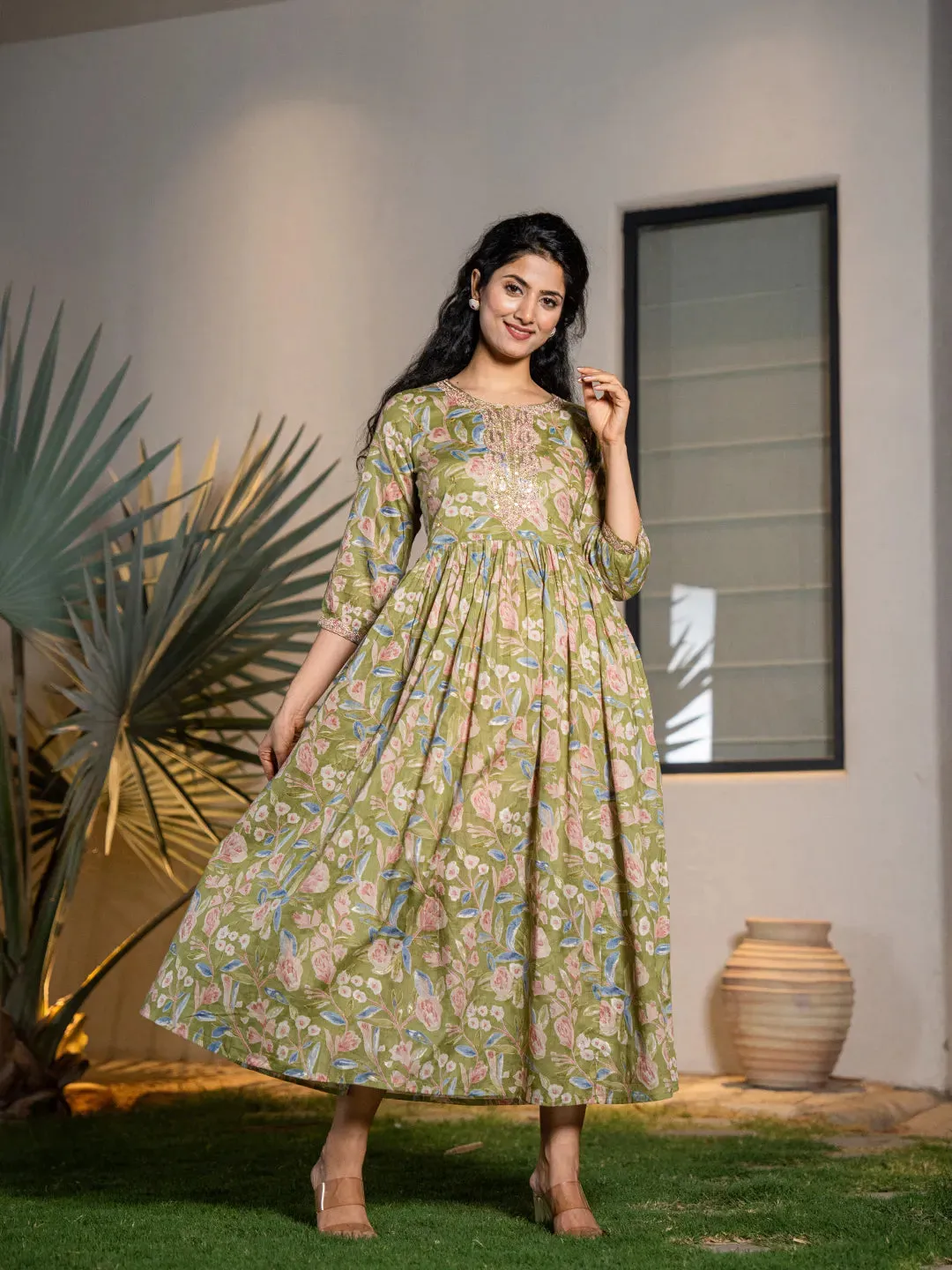 Green Cotton Floral Print & Dori Embroidery Detailing Maxi Style Dress