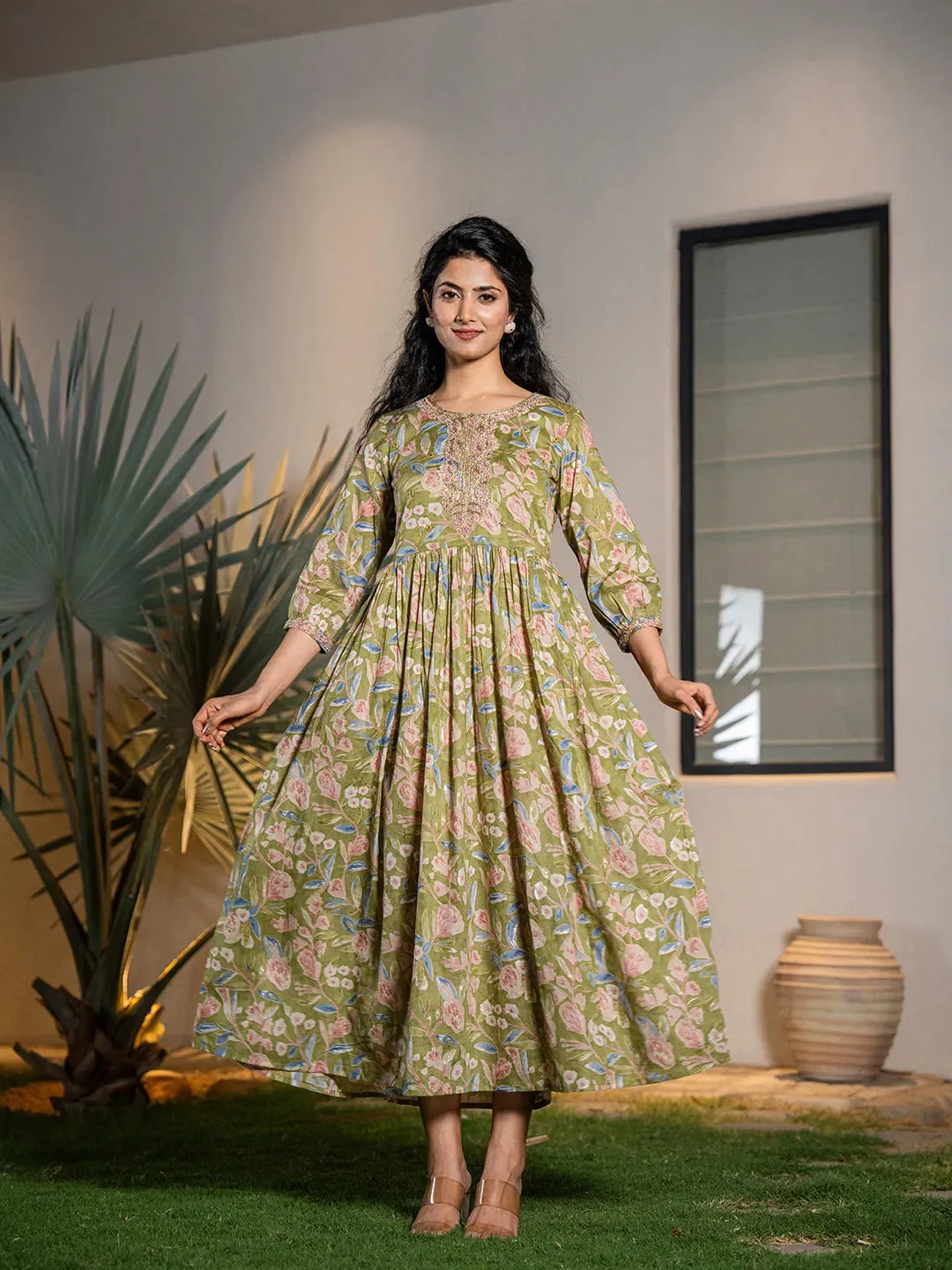 Green Cotton Floral Print & Dori Embroidery Detailing Maxi Style Dress