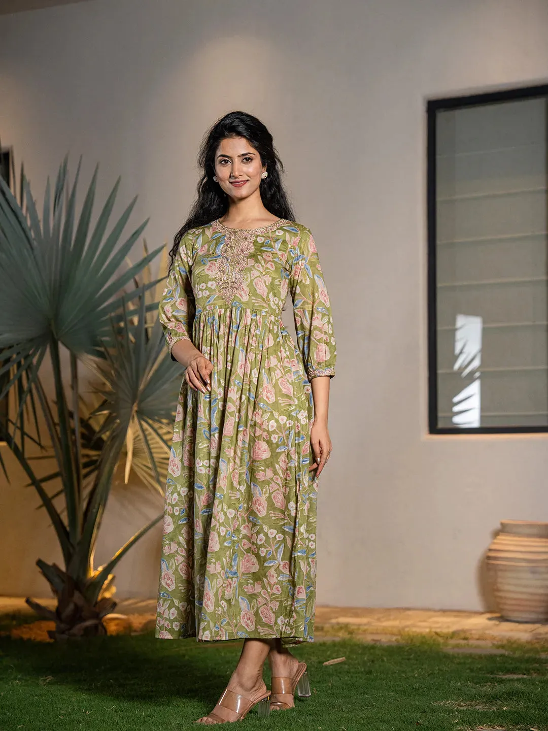 Green Cotton Floral Print & Dori Embroidery Detailing Maxi Style Dress