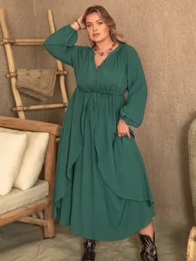 Green Plus Size Long Sleeve Maxi Resort Dress