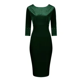 Green Velour Boatneck 3/4 Sleeve Bodycon Gathered Waist Wiggle Dress