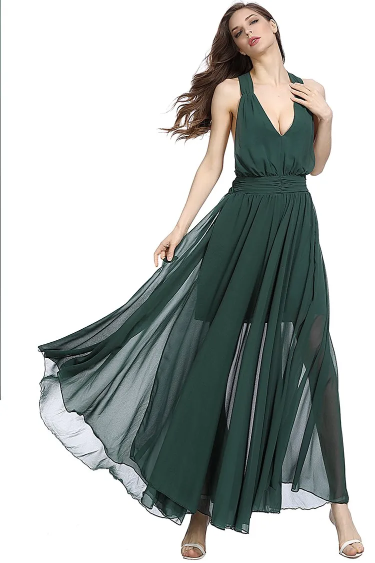 Hanging Neck Slim Dark Green Backless Sexy Big Swing Strap Beach Maxi Dress