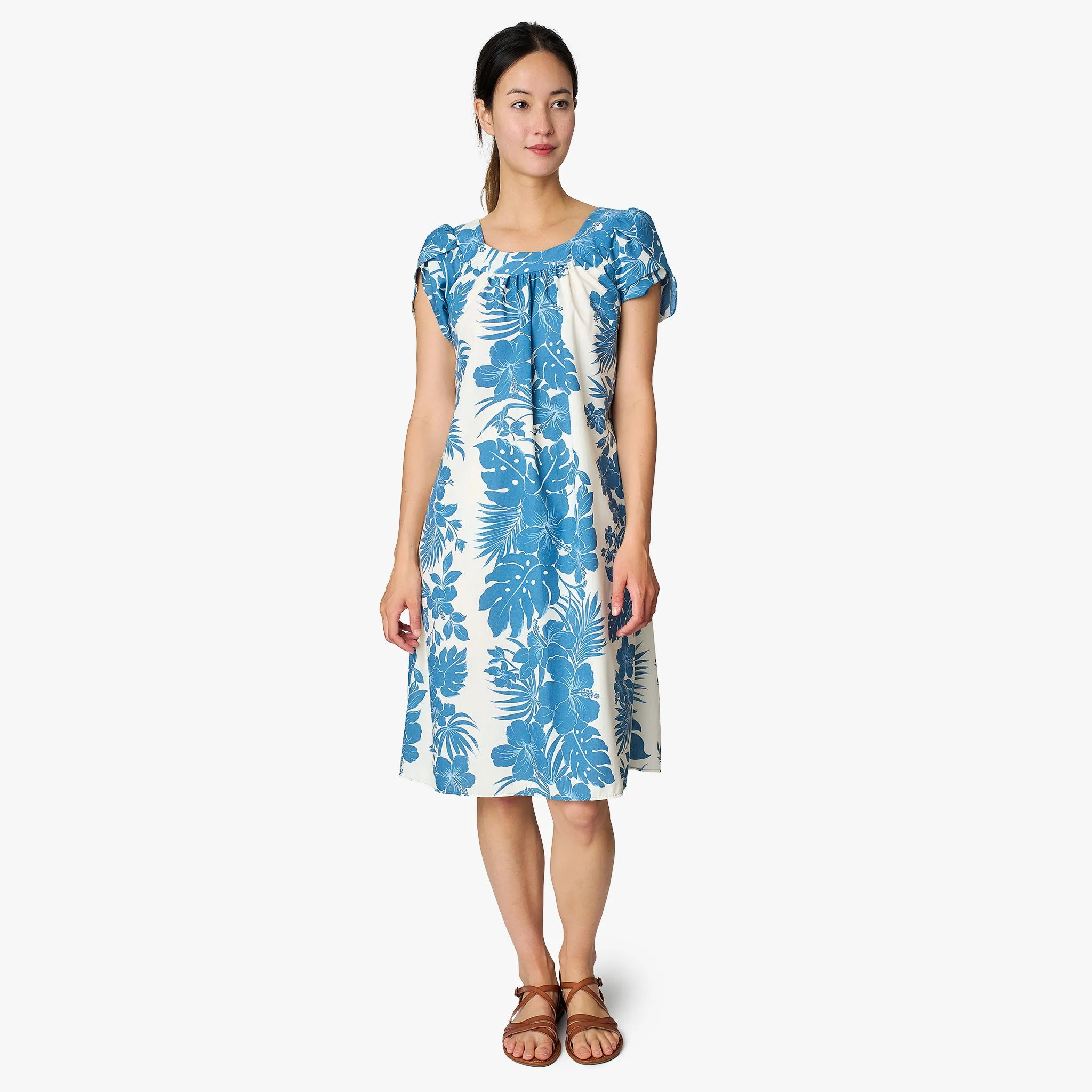 Hibiscus Palm Panel Tulip Sleeve Dress