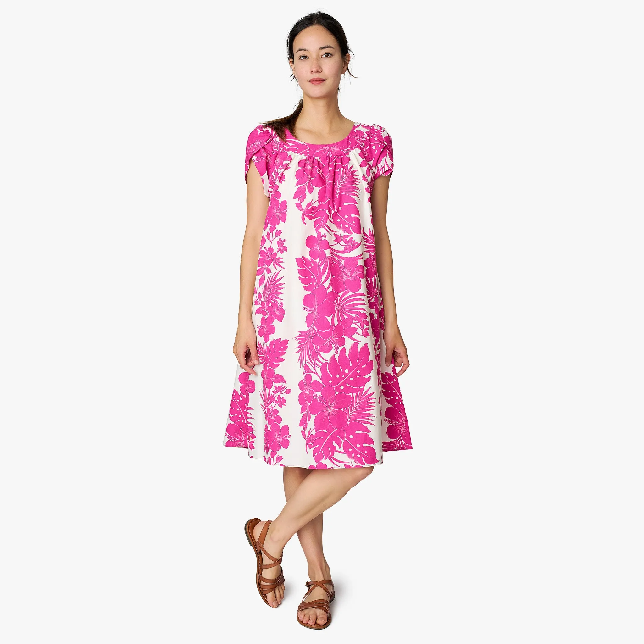 Hibiscus Palm Panel Tulip Sleeve Dress