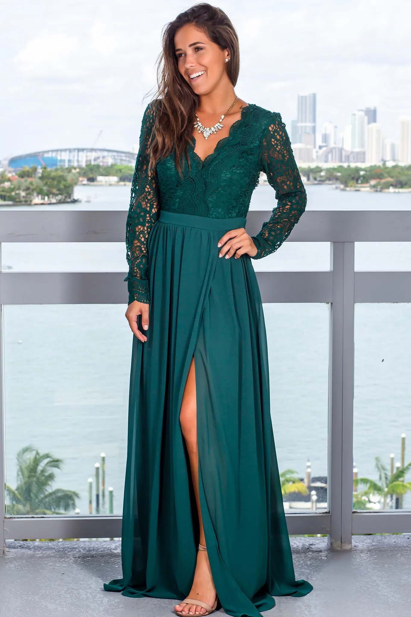 Hunter Green Maxi Dress with Long Sleeves